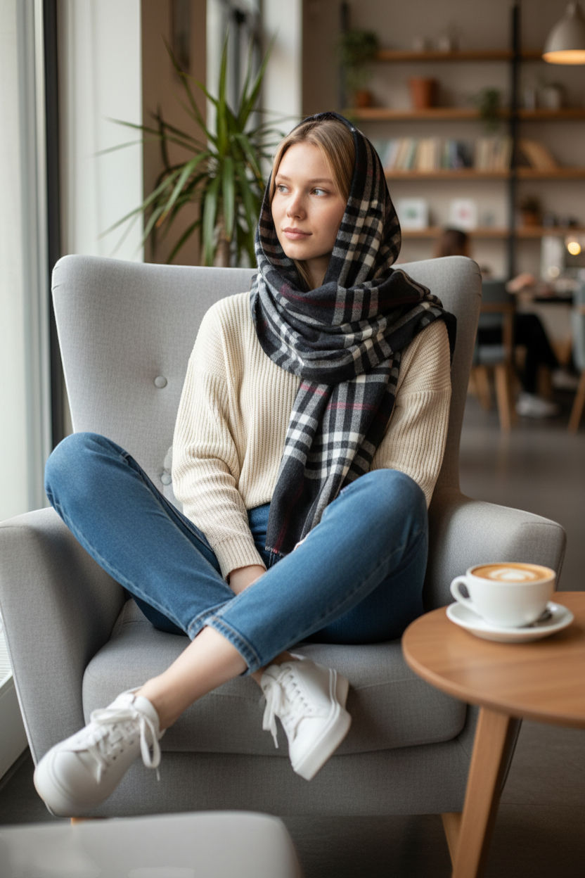 Big Check Wool Scarf For Men